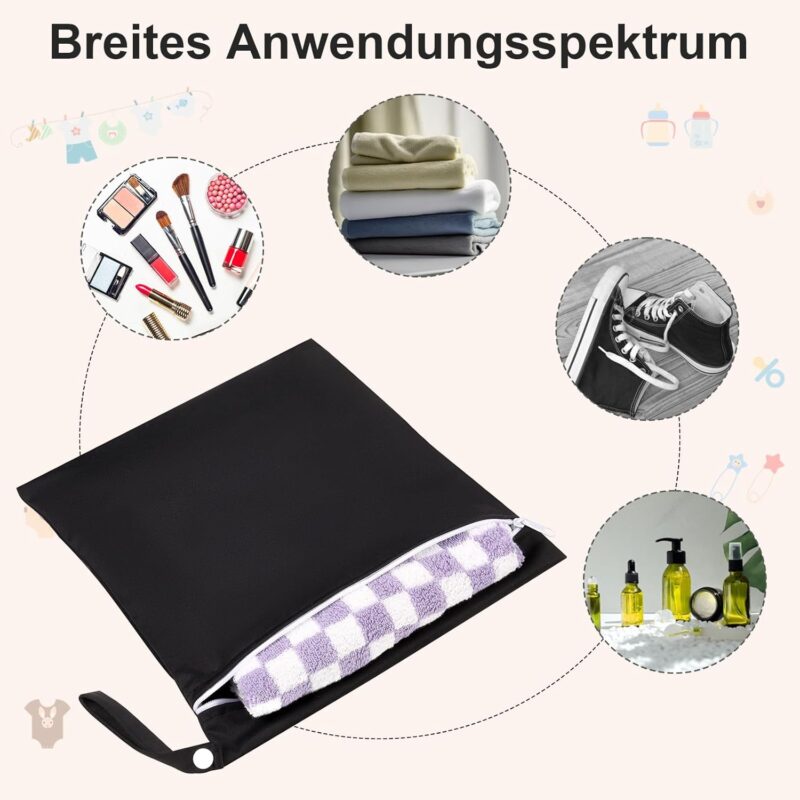 Halinuia 3 Stück Wetbag - Windeltasche für unterwegs, wasserdichte Nasstasche, wiederverwendbar Wetbag Kindergarten, 3 Größen Schwarz Nassbeutel für Schwimmbad Strand Fitnessstudio Reisen – Bild 4