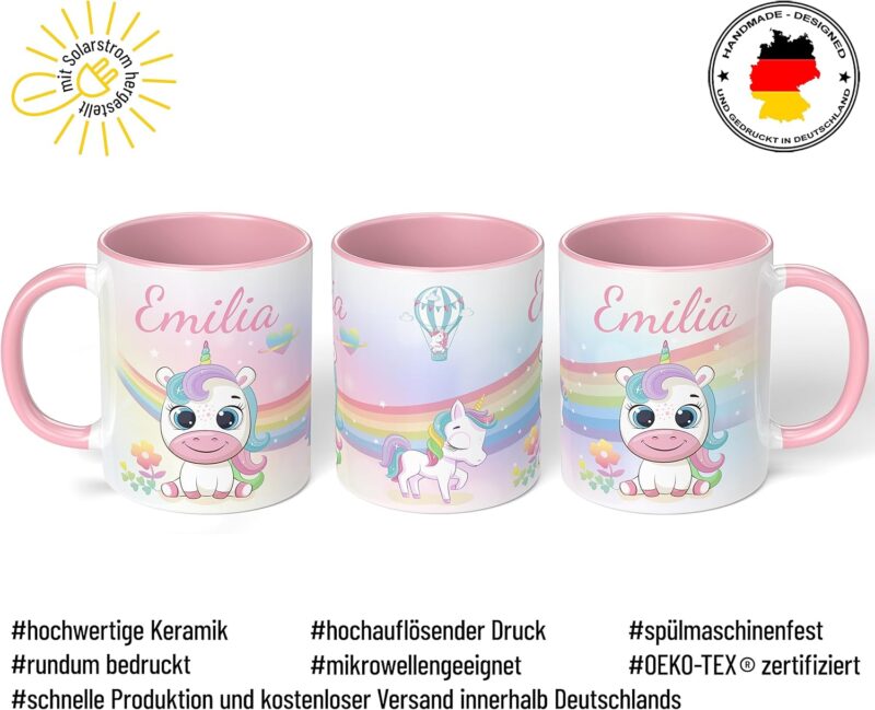 Kinder-Tasse mit Namen „Einhorn mit Regenbogen-Motiv“ – personalisierte Namenstasse für Jungen und Mädchen - rundum bedruckt – schönes Geschenk zu Weihnachten, Geburtstag (Rosa) – Bild 3