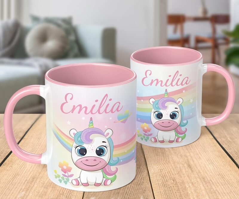 Kinder-Tasse mit Namen „Einhorn mit Regenbogen-Motiv“ – personalisierte Namenstasse für Jungen und Mädchen - rundum bedruckt – schönes Geschenk zu Weihnachten, Geburtstag (Rosa) – Bild 5
