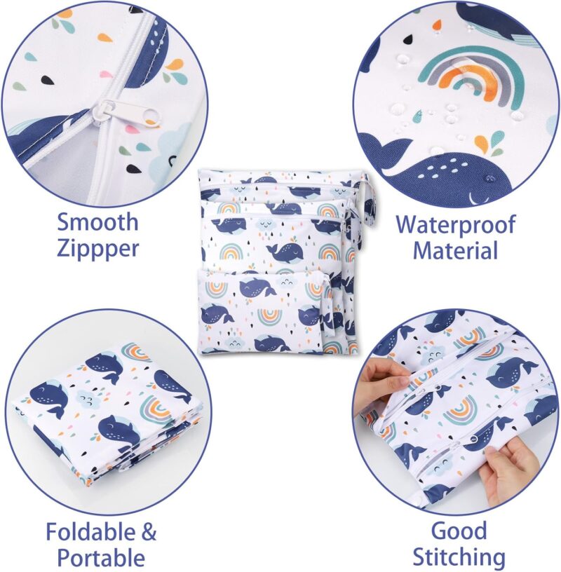 Huiguli 3 Stück Wetbag Kindergarten, Nasstasche Windeltaschen, Wasserdichte Stoffwindeln, Wiederverwendbare Organiser Beutel mit Reißverschluss für Baby Reisen Windeln Strand Pool(Blau) – Bild 4