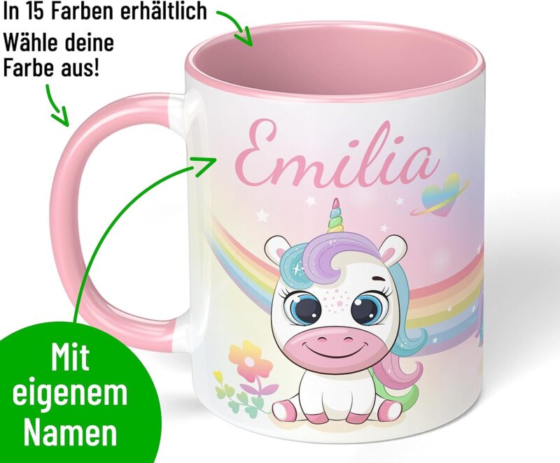 Kinder-Tasse mit Namen „Einhorn mit Regenbogen-Motiv“ – personalisierte Namenstasse für Jungen und Mädchen - rundum bedruckt – schönes Geschenk zu Weihnachten, Geburtstag (Rosa) – Bild 2