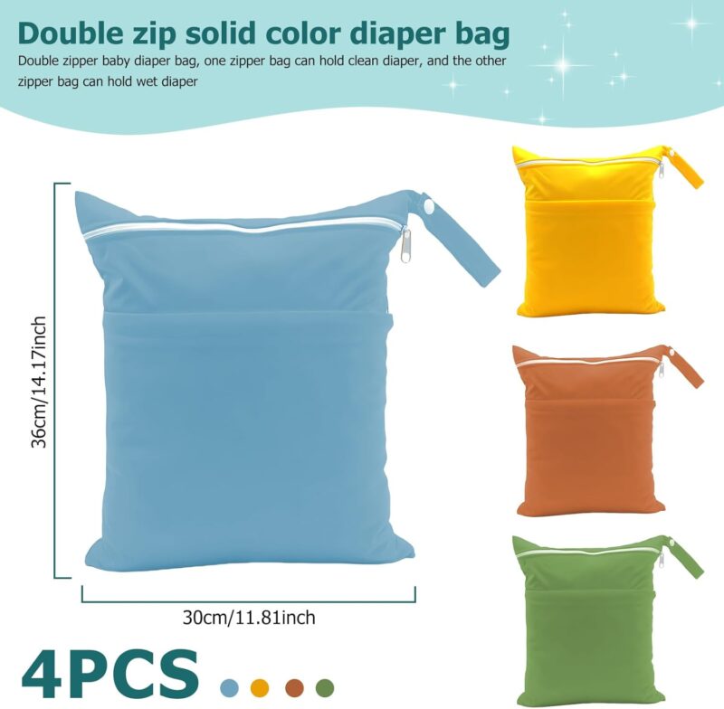 LEKEFETO 4 Stück Wickeltasche Wetbag wasserdichte, Windeltasche Wiederverwendbar, Große Stoffwindeln Nasstaschen mit 2 Reißverschlusstaschen, Wickeltasche Wetbag für Kindergarten, Reisen (36 * 30CM) – Bild 2