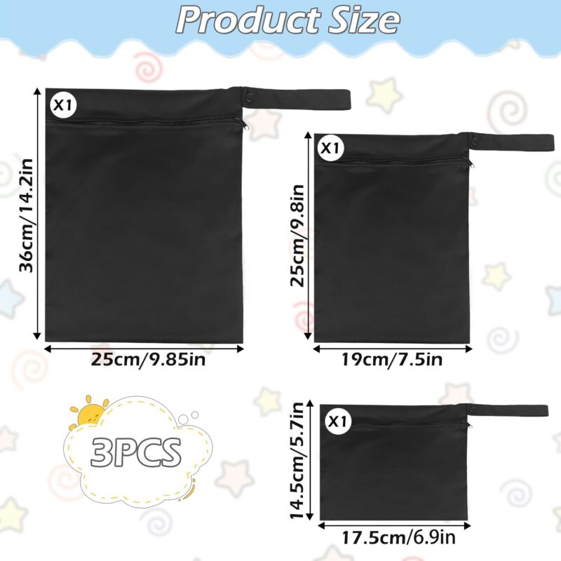 Nasstasche, Windel-Organizer, Tasche für nasse Kleidung, Nass-Trockentasche, Baby-Nasstaschen, 3er-Pack, wasserdichte Nass-Trockentaschen, Nass-Wickeltaschen (schwarz) – Bild 2