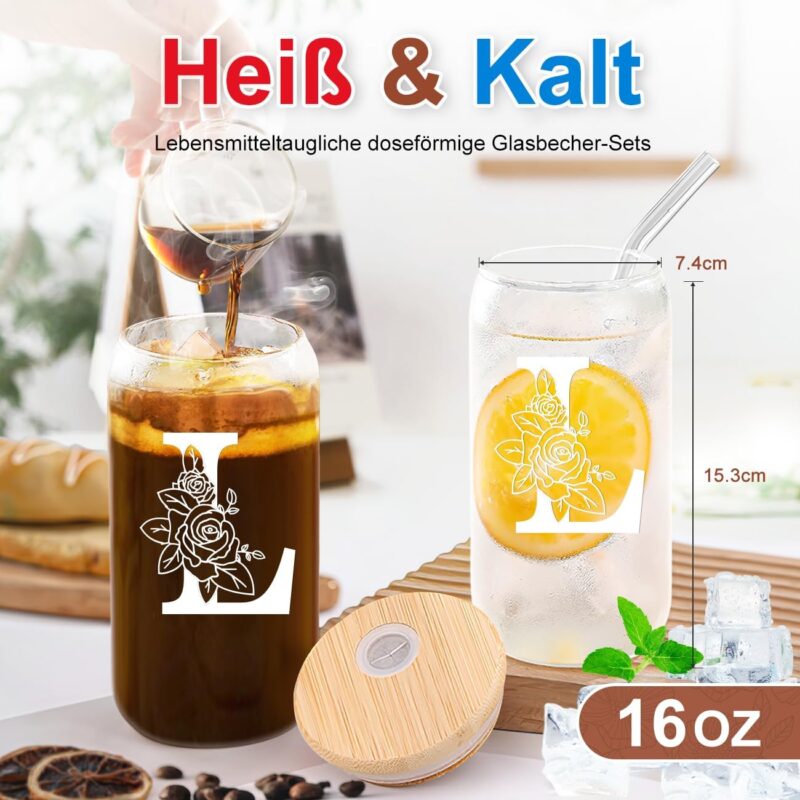 YiksunMY A-Z Buchstaben Personalisierte Geschenke für Frauen Männer Freundin Mama zum Geburtstag Weihnachten Valentinstag Geschenke für Frauen Ihn Sie Oma Paare, Glasbecher mit Deckel und Strohhalm – Bild 2