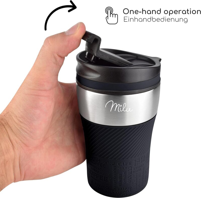 Milu Thermobecher mit Gravur - 210ml - Geschenkidee personalisiertes Geschenk mit Namen Vatertag für Männer Frauen Mama Papa Freundin (210ml, Schwarz) – Bild 4