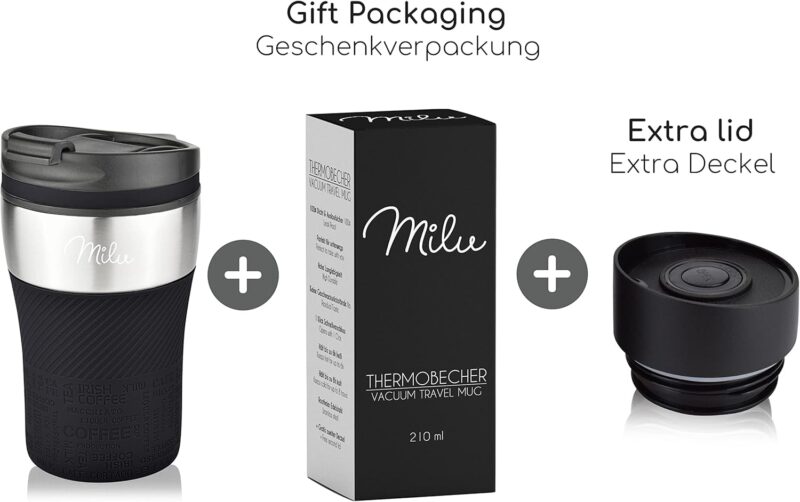 Milu Thermobecher mit Gravur - 210ml - Geschenkidee personalisiertes Geschenk mit Namen Vatertag für Männer Frauen Mama Papa Freundin (210ml, Schwarz) – Bild 6