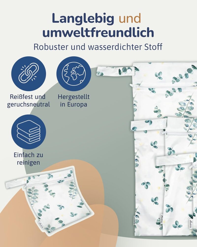 Hinzling Wetbag (Eukalyptus - S) – Nasstasche für Stoffwindeln – Nachhaltige Wetbags aus recyceltem Polyester – Wetbag für Kindergarten und Unterwegs – Wetbag Kindergarten Oeko-TEX Zertifiziert – Bild 4