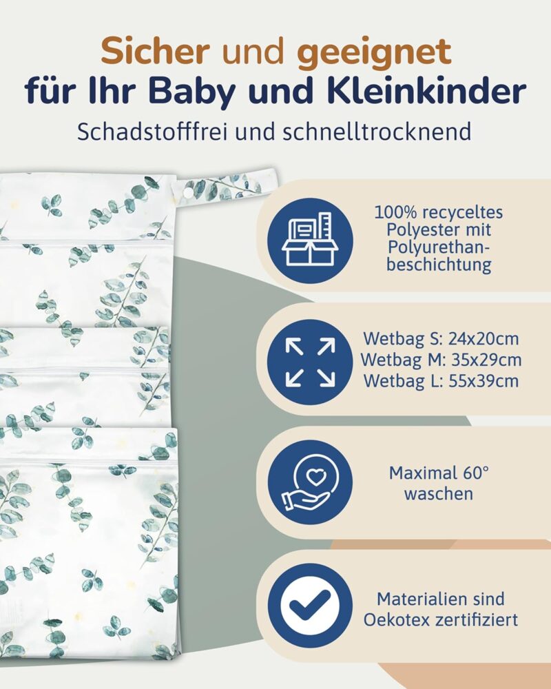 Hinzling Wetbag (Eukalyptus - S) – Nasstasche für Stoffwindeln – Nachhaltige Wetbags aus recyceltem Polyester – Wetbag für Kindergarten und Unterwegs – Wetbag Kindergarten Oeko-TEX Zertifiziert – Bild 5