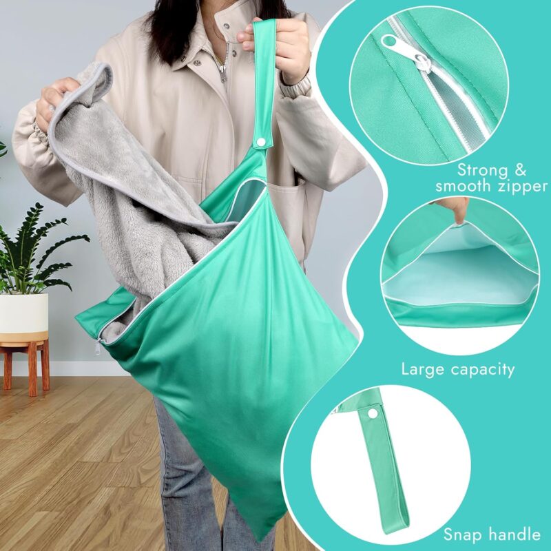 Svalor 2 Stück Wet Bag, Wiederverwendbar Schmutzige Kleidung Nasstasche, wasserdichte Wetbag Schwimmsachen mit Reißverschluss, für Baby-Stoffwindeln Sportkleidung Badeanzüge, 40 x 50 cm, Grün – Bild 3