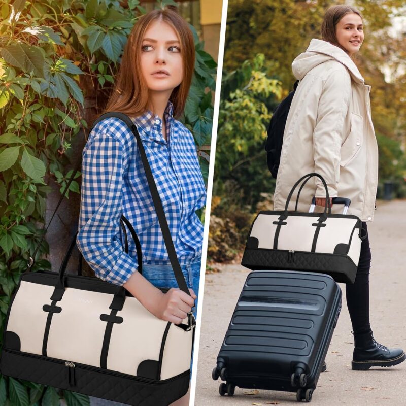 ETRONIK Weekender Reisetasche Damen, Große Weekender Bag Mit Schuhfach & Nass-Tasche, Tragetasche Travel Bag Mit Kulturtasche, Tasche für kliniktasche 3er Set Beige-Schwarz Weiß Large – Bild 5