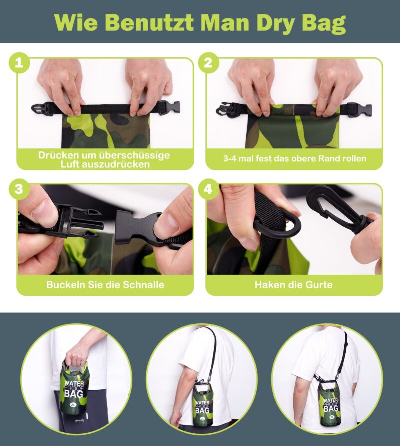 ALVABABY Dry Bag 2L Wasserdichte Tasche mit Wetbag nassbeutel schwimmen,Wasserdichter Beutel Roll-Top Wasserfester Rucksack Packsack Waterproof Drybag,Schwimmen Strand Baden Kanu 2WFL05-DE – Bild 3