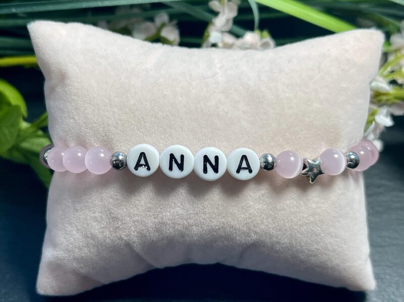 Perlenarmband mit Name - Cateyeperlen Rosa und Edelstahl - Armband mit Namen Größen 12cm bis 20cm - Geschenk Mädchen Geburtstag Mama Kinder Freundschaft und Liebe - Handmade personalsierbar – Bild 3