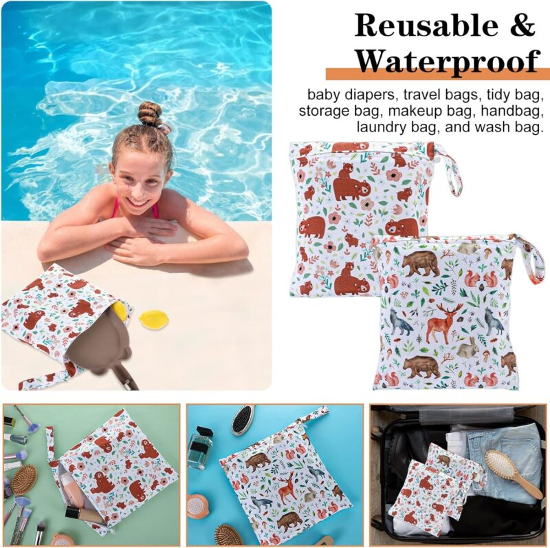 Yuanchu 2 Stück Wetbag Kindergarten,Wasserdicht Windeltaschen Nasstasche Personalisiert Nappy Bag Wickeltasche Waschbar Nassbeutel Organiser für Kleinkind Windeln Reisen Gym Strand Pool – Bild 7