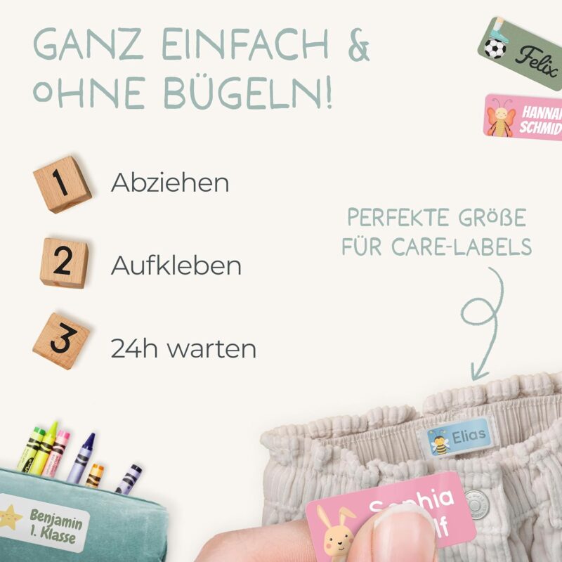 melu kids® Namensaufkleber für Kinder - Kleidung & Gegenstände (60 Stück) Kita/Schule - Namensschilder für Kleidung waschmaschinenfest und personalisiert (rosa) – Bild 3