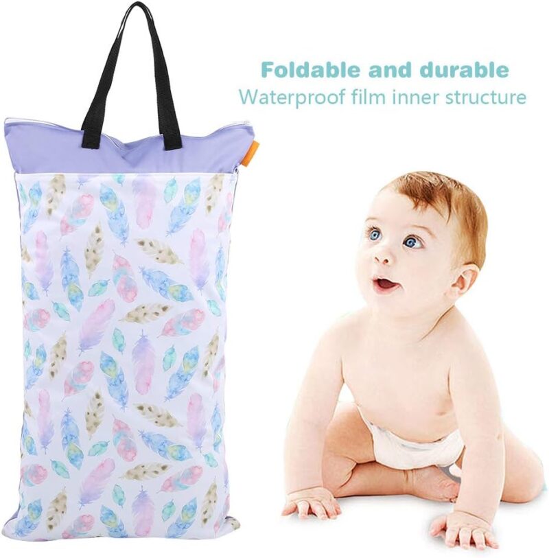 CDQL Stoffwindeltasche, Große Hängende Nasse oder Trockene Stoffwindeltasche, wasserdichte Babyeinlagen, Windelwäsche-Aufbewahrungstasche mit Doppelten Reißverschlusstaschen, (EF203) – Bild 3