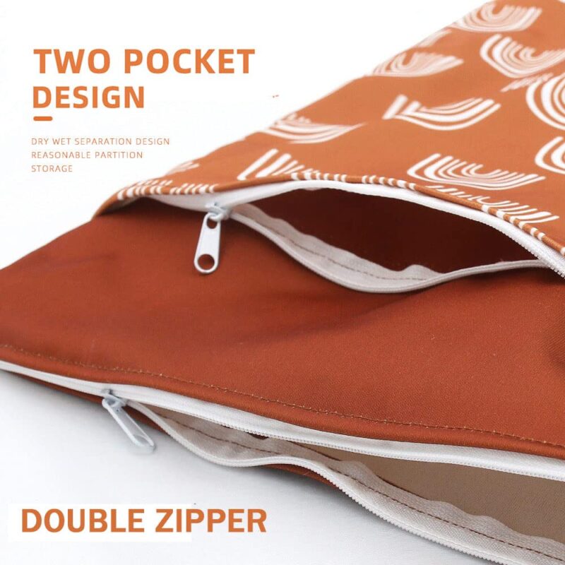 Treer Windeltasche Baby 30x40cm Oranger Druck Wasserdichte Wetbags mit doppelt Reißverschluss - Nass-Trocken-Trennung - Hängende Kleinkind Stoffwindeln Organiser Beutel (Mond) – Bild 4