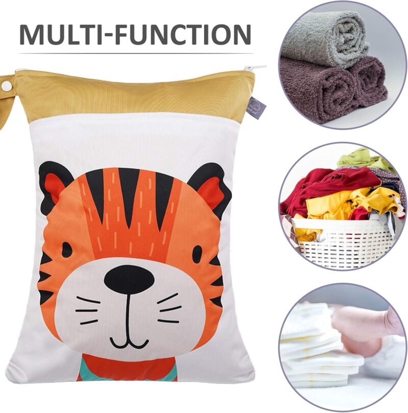 Happy Cherry Kindergarten Wetbag Waschbar Organisator Dreckige Kleidung Nass und Trocken Windelbeutel Wasserdicht Nasstasche Unterwegs Cartoon Khaki Tiger – Bild 3
