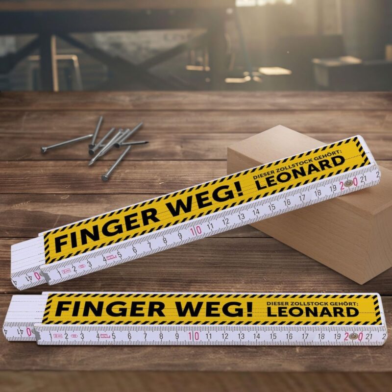 GRAVURZEILE Zollstock 2 Meter mit Gravur oder UV Druck - Finger Weg! - Personalisiert mit Namen - Gliedermaßstab mit Winkelanzeige - Geschenke für Männer Papa und Opa – Vatertagsgeschenk - UV Druck – Bild 3