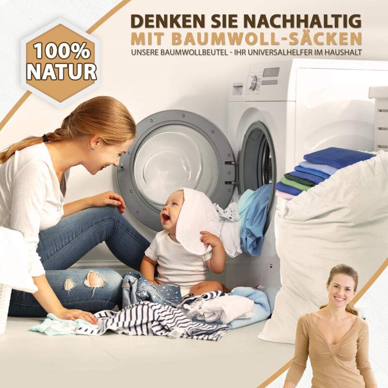 ELES VIDA® - Wäschebeutel 2 Set 50x75cm aus 100% Baumwolle - Extra große Heavy Duty Wäschesack - langlebig, Mit Kordelzug, Reise Wäschesammler Wäschebox Kleidersack Aufbewahrung in Farbe Natur – Bild 3