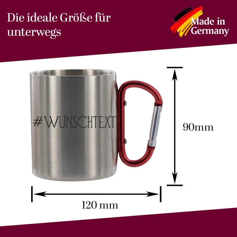 Crealuxe Edelstahltasse mit Karabiner '# Wunschtext' Tasse personalisiert, Kaffeetasse, Bürotasse, Metalltasse mit Name, Gravur – Bild 4