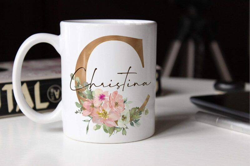 SpecialMe® Kaffee-Tasse mit Namen personalisiert Anfangsbuchstabe Initiale Monogram Blumen persönliche Geschenke weiß Keramik-Tasse – Bild 4