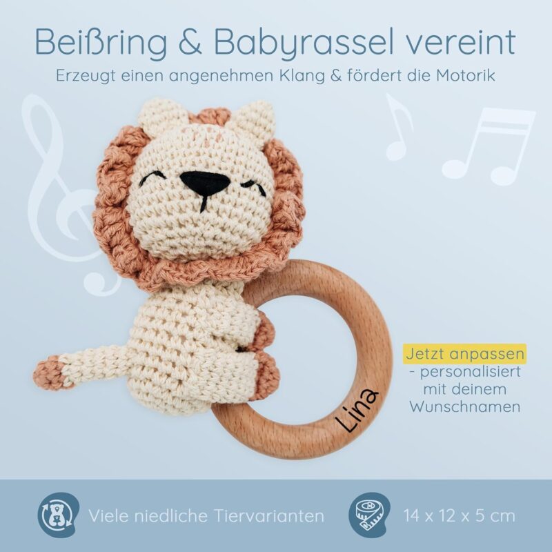 Bärenfreunde® - Personalisierter Beißring Baby - Niedlicher Greifling für Baby's ab 0 Monate - Babyrassel mit Name als Baby Geschenk für Mädchen und Jungen (Löwe liegend,mit Name) – Bild 6