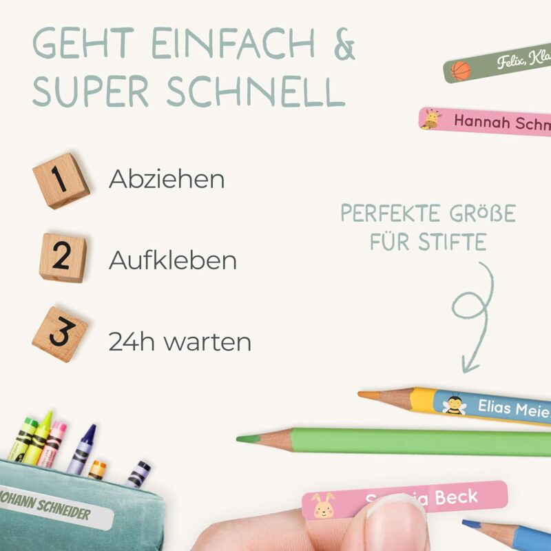 melu kids® Namensaufkleber Kinder für Schule & Kita (75 Stück) - Personalisierte Aufkleber mit Namen für Stifte und alle Schulsachen - Wasserfest in Spülmaschine (Blau) – Bild 3