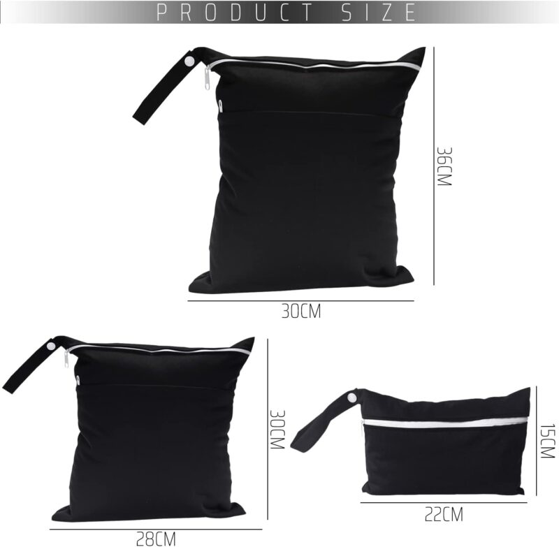 3 Stück schwarze Wickeltasche, Wickeltasche mit doppelter Reißverschlusstasche, wasserdichte trockene und nasse Wickeltasche, wiederverwendbar, geeignet für Reisen, Schwimmen, Fitnessstudio, Baby usw. – Bild 2