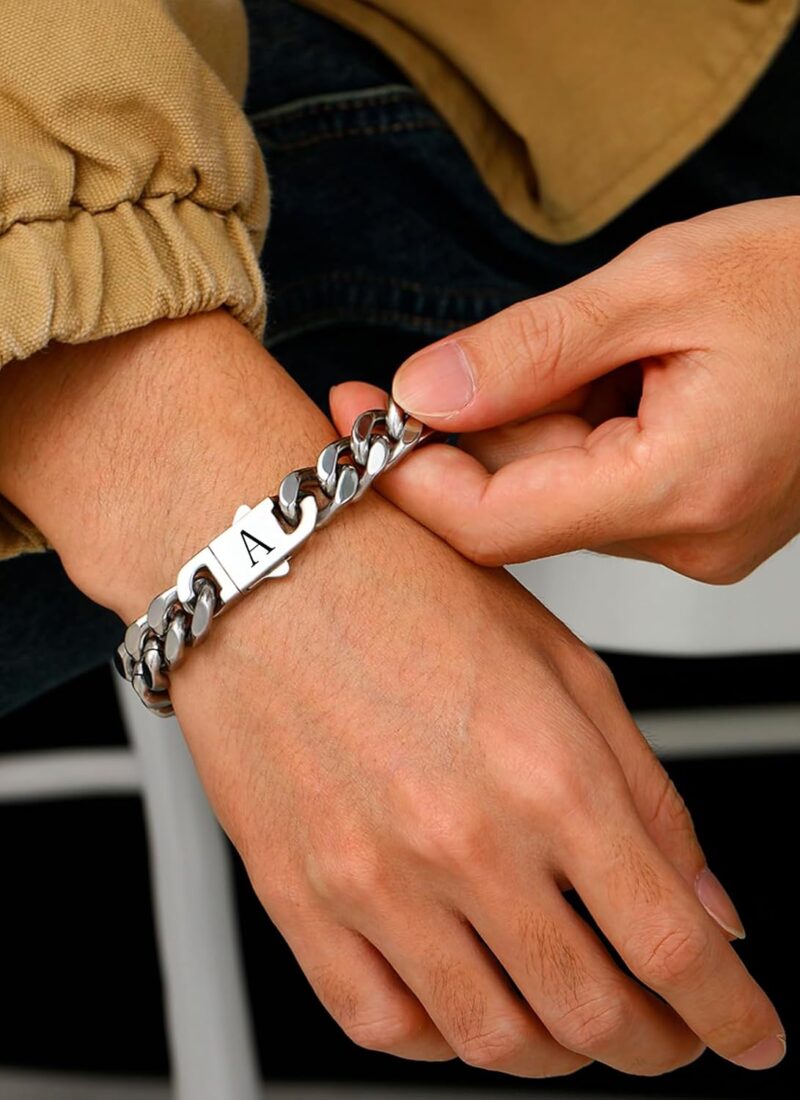 HAYOUWAY Armband Herren mit Buchstaben Edelstahl Panzerkette Silber Gold Armbänder für Herren Gravur A-Z Personalisiert Valentinstag Jahrestag Geburtstagsgeschenk für Männer Papa Freund Sohn Bruder – Bild 2