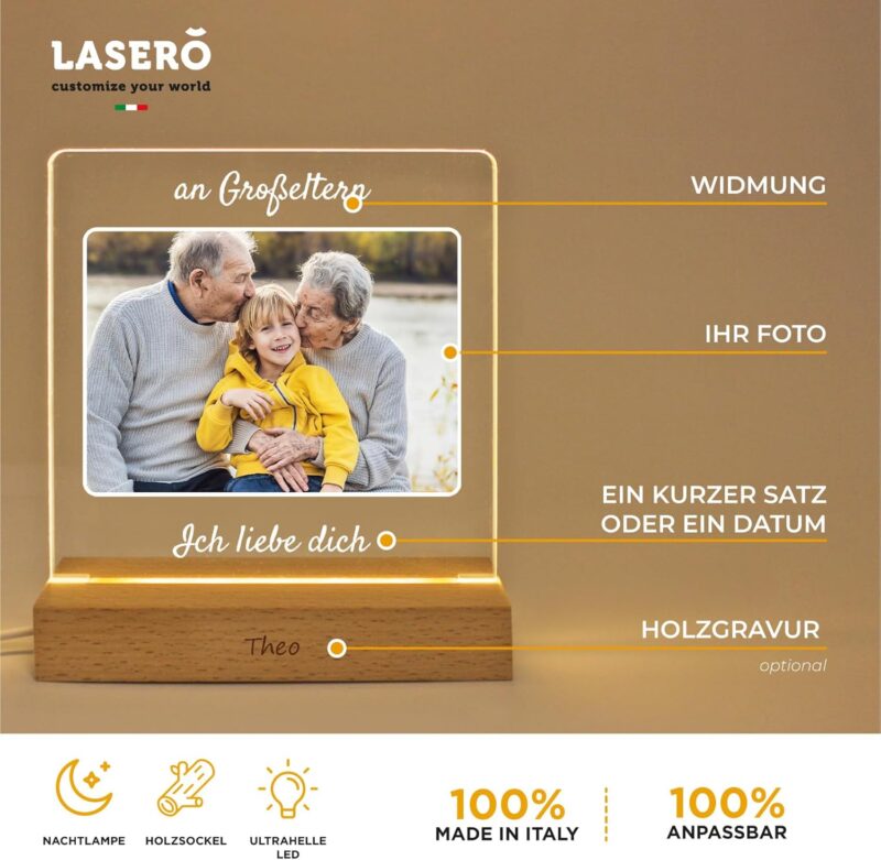 LASERO' Personalisierte Lampe Geschenk für Oma und Opa - Lampe mit Foto Geschenke für Omas zu Weihnachten - Personalisierte Geschenke Opa Bilderrahmen – Bild 2