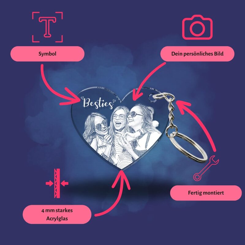 MyPrezzie Gravur Schlüsselanhänger personalisiert mit deinem eigenem Foto/Bild, Wunschtext | Partner Liebes Geschenkidee | Valentinstags Geschenk für Sie und Ihn – Bild 2