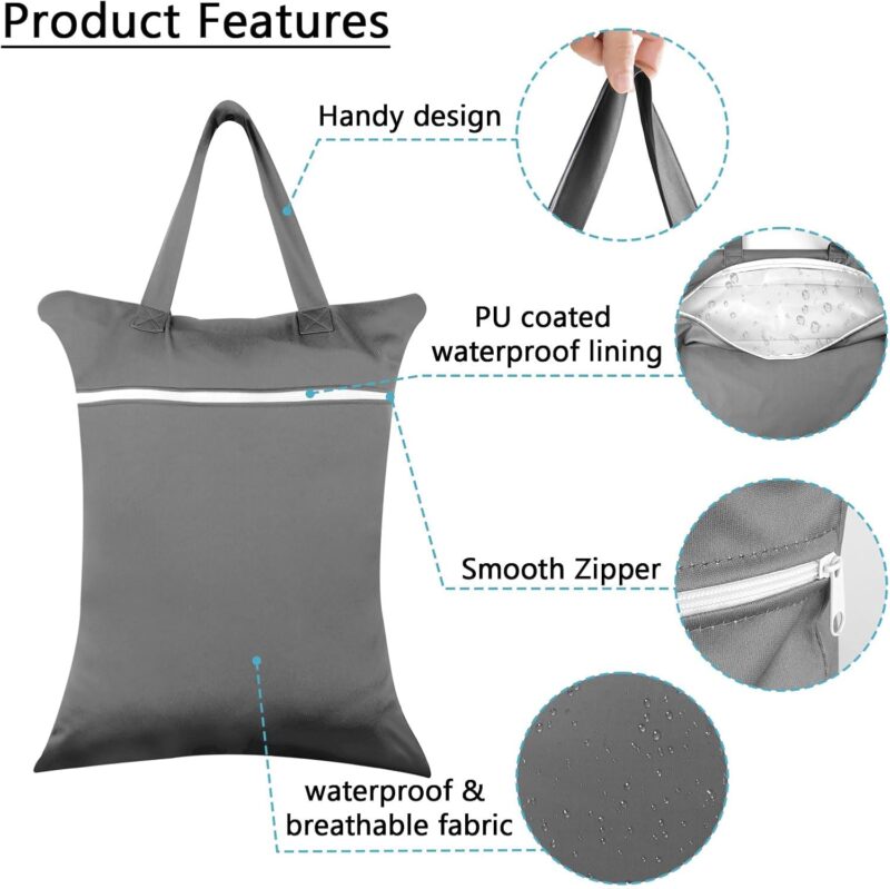 Nassbeutel Set, Wasserdichte Wetbag mit Griff und Reißverschluss, Waschbare, Wiederverwendbare Nassbeutel für nasse Baby-Stoffwindeln, Badebekleidung und Sportkleidung, 40×50 cm (Schwarz & Grau) – Bild 2