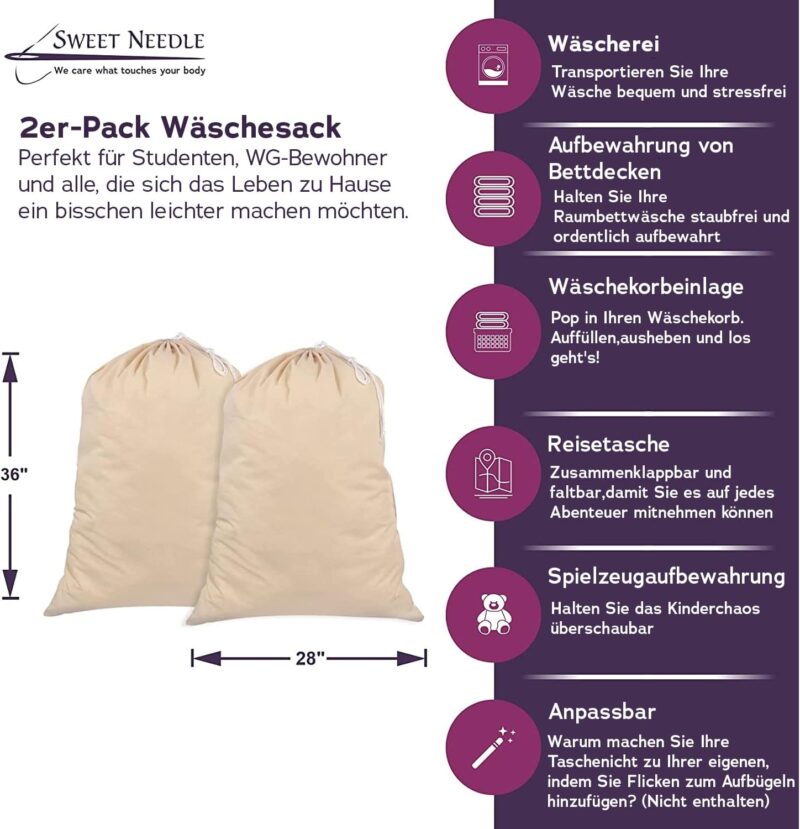 Wäschesack 2er-Set - 71 x 91 cm, 100% Baumwolle, strapazierfähiger Wäschesammlersack mit Kordelzug – 75 l extra groß faltbarer Wäschebeutel – Bild 2