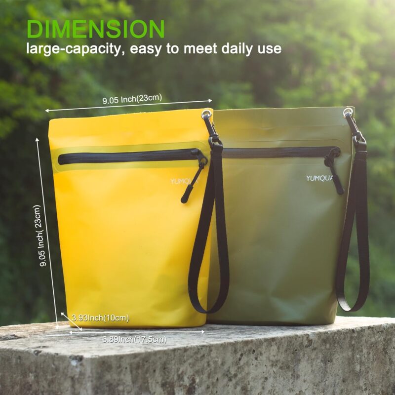 YUMQUA wasserdichte Reißverschlusstasche 2er-Pack, Mehrzweck wasserdichte Beutel Gear Tasche für Outdoor Reisen Strand Pool Angeln schmutzige Kleidung nasse Badeanzüge (Armee Grün+Gelb) – Bild 2