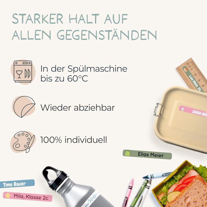 melu kids® Namensaufkleber Kinder für Schule & Kita (75 Stück) - Personalisierte Aufkleber mit Namen für Stifte und alle Schulsachen - Wasserfest in Spülmaschine (Blau) – Bild 2