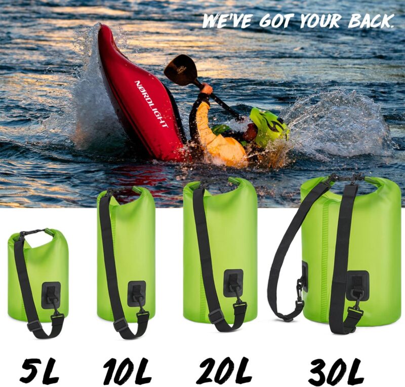 Nordlight Dry Bag wasserdichte Tasche - 2l 5l 10l 15l 20l 30l Liter | Wasserfester Packsack Seesack Beutel Waterproof Drybag + Roll-Top + Schultergurt | Schwimmen Baden Strand Kanu SUP Tauchen Handy – Bild 8