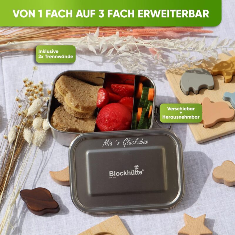 Blockhütte Personalisierte Edelstahl Brotdose mit Gravur I 1200 ml I Lunchbox mit Name, Bento Box für Kinder, Erwachsene, Brotdose mit 3 Fächern, Meal Prep Boxen, Lunchbox personalisierbar – Bild 3