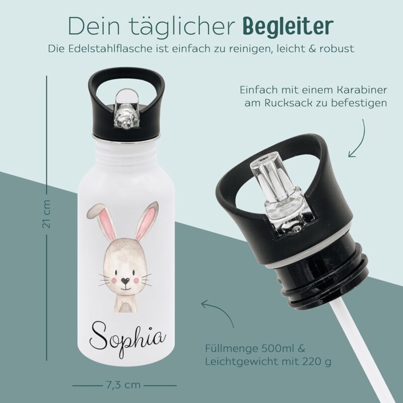 wunderwunsch® - Personalisierte Trinkflasche Kinder Edelstahl [ 500ml ] - Robuste Trinkflasche mit Namen - Wasserflasche mit Trinkhalm - Personalisierte Geschenke für Kinder (Hase) – Bild 3