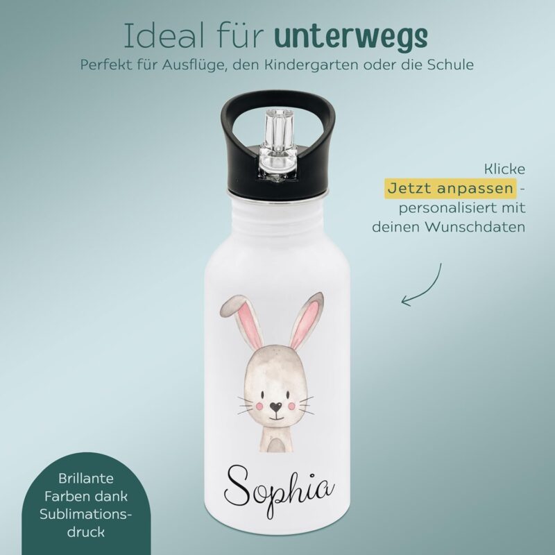 wunderwunsch® - Personalisierte Trinkflasche Kinder Edelstahl [ 500ml ] - Robuste Trinkflasche mit Namen - Wasserflasche mit Trinkhalm - Personalisierte Geschenke für Kinder (Hase) – Bild 6
