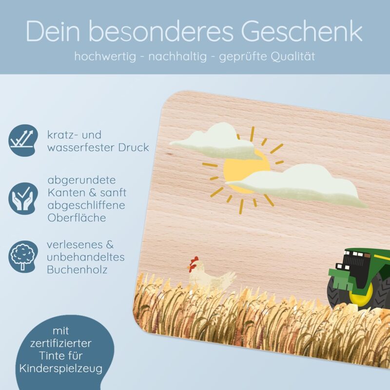 Bärenfreunde® - Individuelles Holzbrett mit hochwertigem Spezial-Druck für Kinder - Personalisiertes Frühstücksbrettchen - Niedliche Motiv-Brettchen mit Namen (Traktor GRÜN) – Bild 3