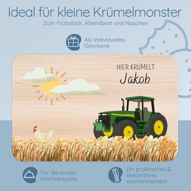 Bärenfreunde® - Individuelles Holzbrett mit hochwertigem Spezial-Druck für Kinder - Personalisiertes Frühstücksbrettchen - Niedliche Motiv-Brettchen mit Namen (Traktor GRÜN) – Bild 5