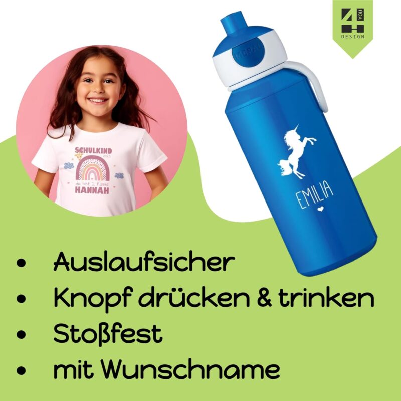 4youDesign Set: pinke Brotdose & Trinkflasche für Kinder -EINHORN- personalisiert mit Namen – inkl. Bento Box, Gabel & Pop-Up Flasche, Einschulung, Schule (Pink) – Bild 3