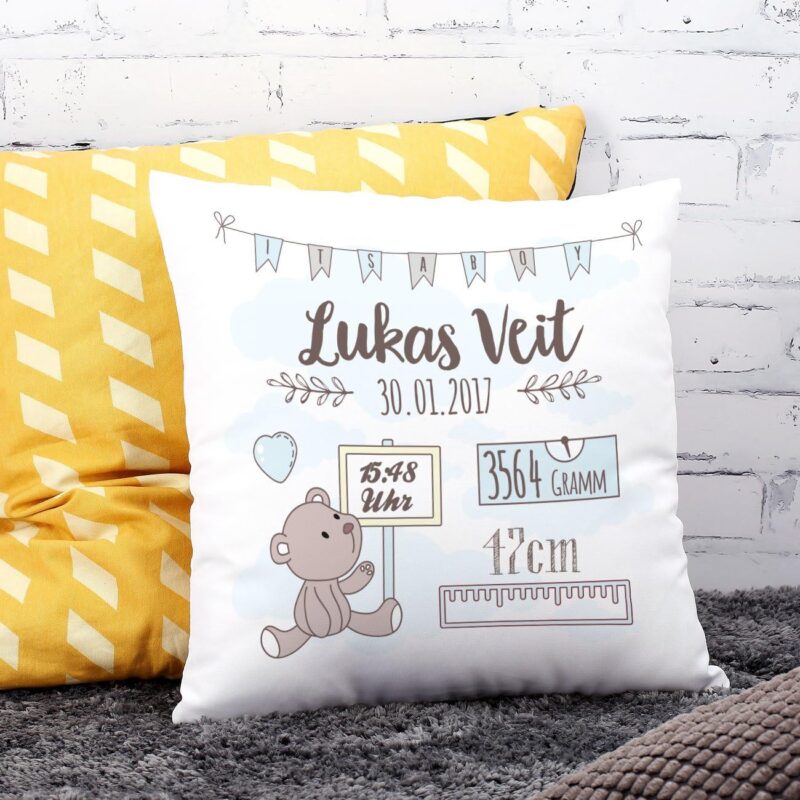Striefchen® Kissen als Geschenk zur Taufe oder Geburt mit Namen & Datum - Teddybär - Babygeschenk oder Geburtskissen Junge – Bild 3