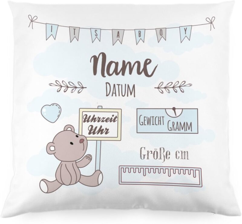 Striefchen® Kissen als Geschenk zur Taufe oder Geburt mit Namen & Datum - Teddybär - Babygeschenk oder Geburtskissen Junge – Bild 4
