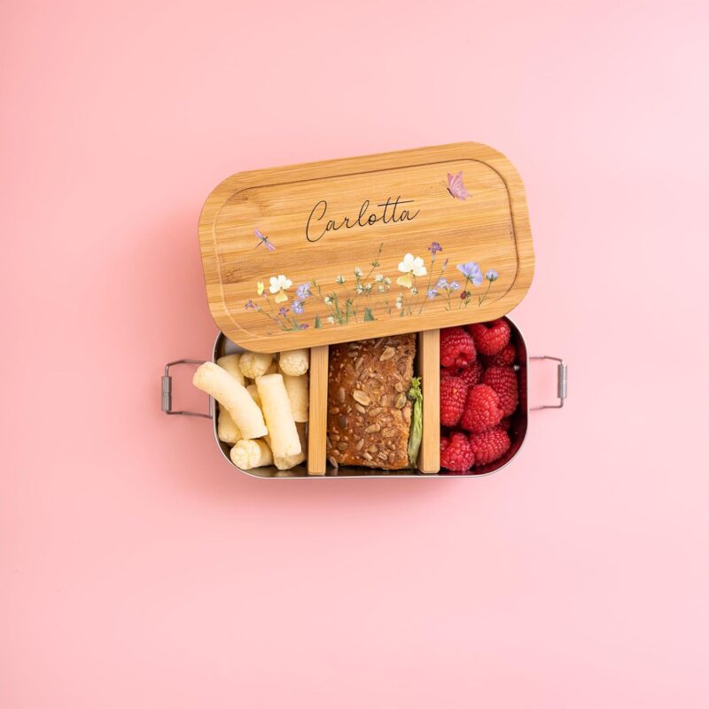 Bärenfreunde® - Personalisierte Brotdose für Kinder mit Spezial-Druck - Robuste Edelstahl Brotdose - Personalisierte Geschenke für Kinder & Erwachsene (Blumenwiese,GROSS Edelstahl) – Bild 3