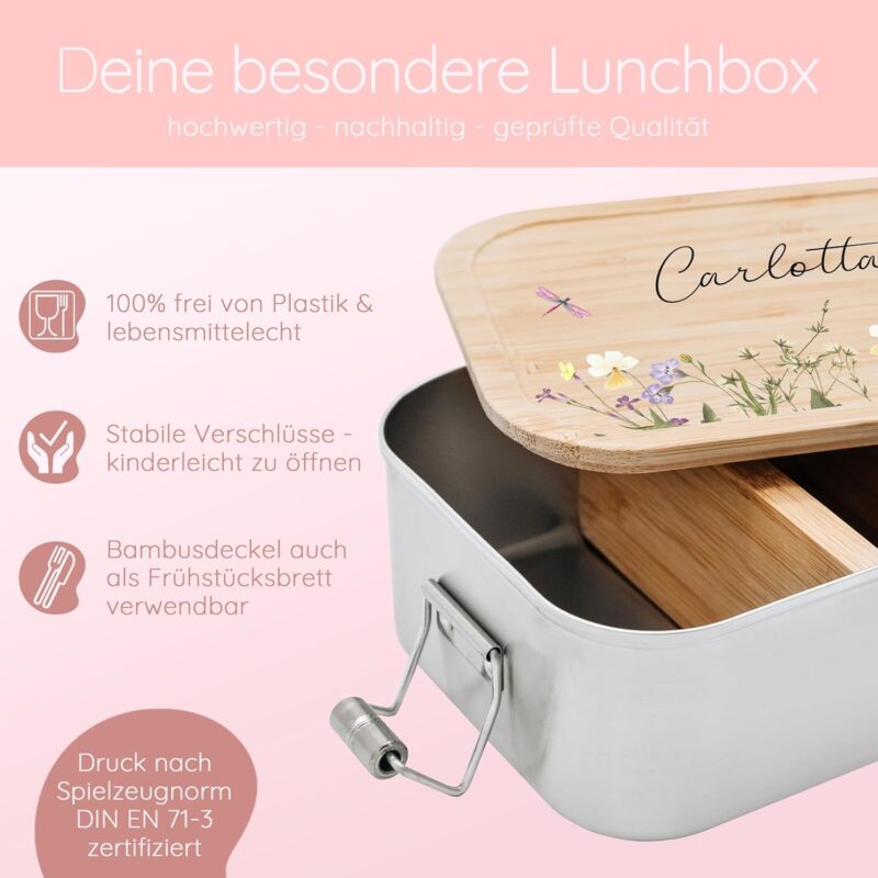 Bärenfreunde® - Personalisierte Brotdose für Kinder mit Spezial-Druck - Robuste Edelstahl Brotdose - Personalisierte Geschenke für Kinder & Erwachsene (Blumenwiese,GROSS Edelstahl) – Bild 4