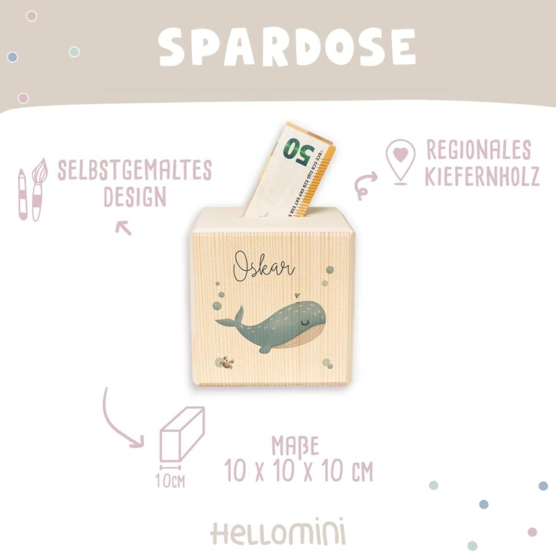 Personalisierte Kinder Spardose mit Namen aus Holz Geschenk Geschenkideen zum Geburtstag zur Einschulung, Taufe, Geburt Sparschwein Motiv Buchstabe für Jungen und Mädchen hellomini (blau) – Bild 4