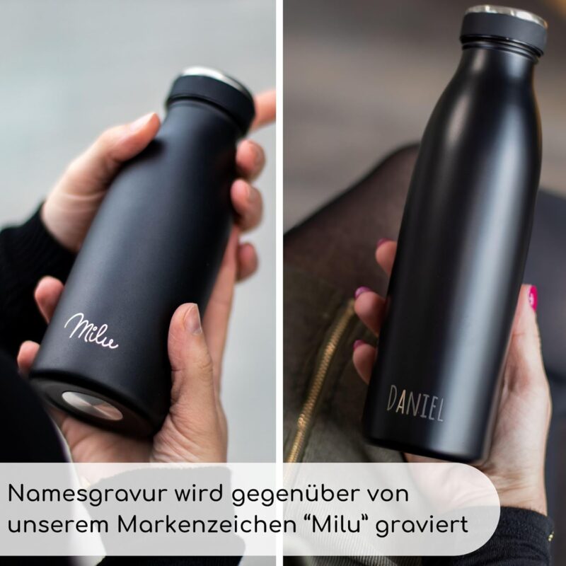 Milu® Trinkflasche mit Gravur personalisiert - als Geschenk-Idee Ostern, Vatertag, Muttertag, Weihnachten, Einschulung, Liebesgeschenk, Geburtstag, Frauen und Männer Mama Papa Kinder (500ml + Gravur) – Bild 4