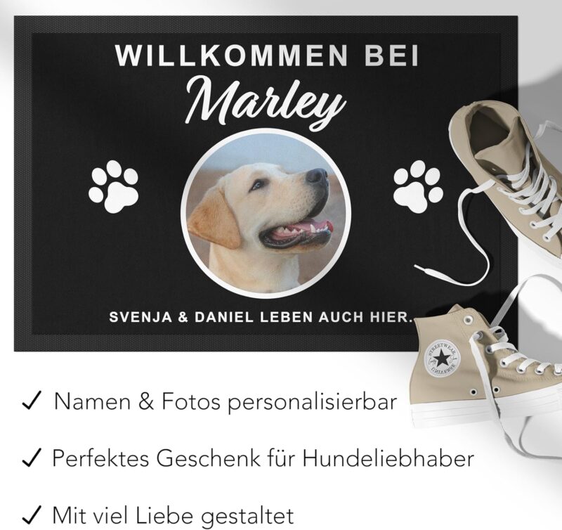 DEL MÀ Unique & Personal Fußmatte Hund personalisiert Einweihungsgeschenk Wohnung Hunde Geschenk zum Einzug ins Haus Fußabtreter Haustür Schmutzfangmatte für Innen 60x40 cm (1 Hund) – Bild 3
