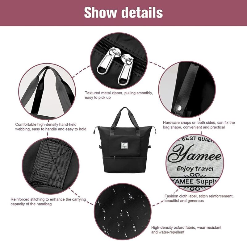 YAMEE Reisetasche Faltbare mit großer Kapazität, Tragbar Reisetaschen, wasserdichte Sporttasche mit Nassfach, Weekender-Tasche mit erweiterbarem Platz, Sporttasche Oxford-Stoff-Reisetasche – Bild 5